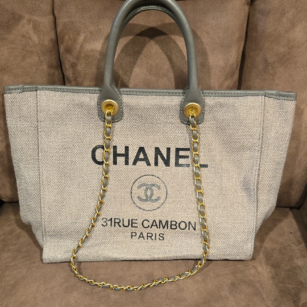 CHANEL Canvas Tote Replica with Gray Handles and Gold Chain